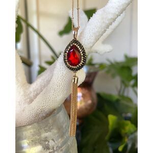 Gold/Ruby Tear Drop Haloed by Champagne & Chocolate Colored Swarovski Crystals